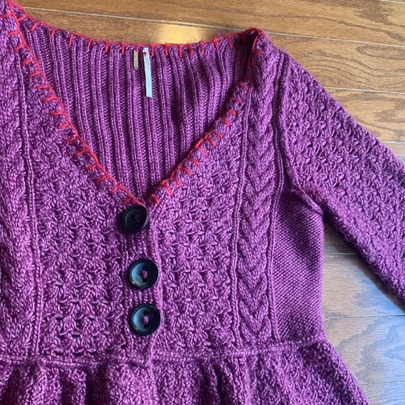 Free People Boho Knit Fuchsia V-Neck Ruffle Longline Wool Cardigan Size Medium - Picture 5 of 10